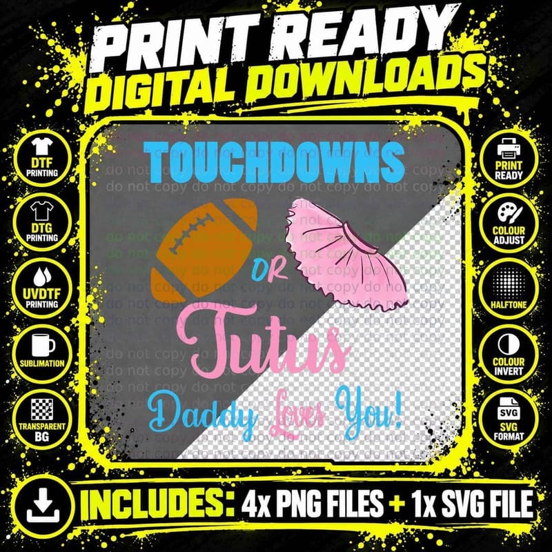 Touchdowns or Tutus Gender Reveal T-Shirt Png SVG Digital Bundle