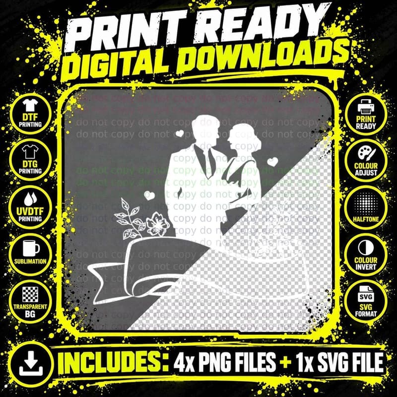 Wedding Couple Silhouette with Hearts and Flowers Png SVG Digital Bundle