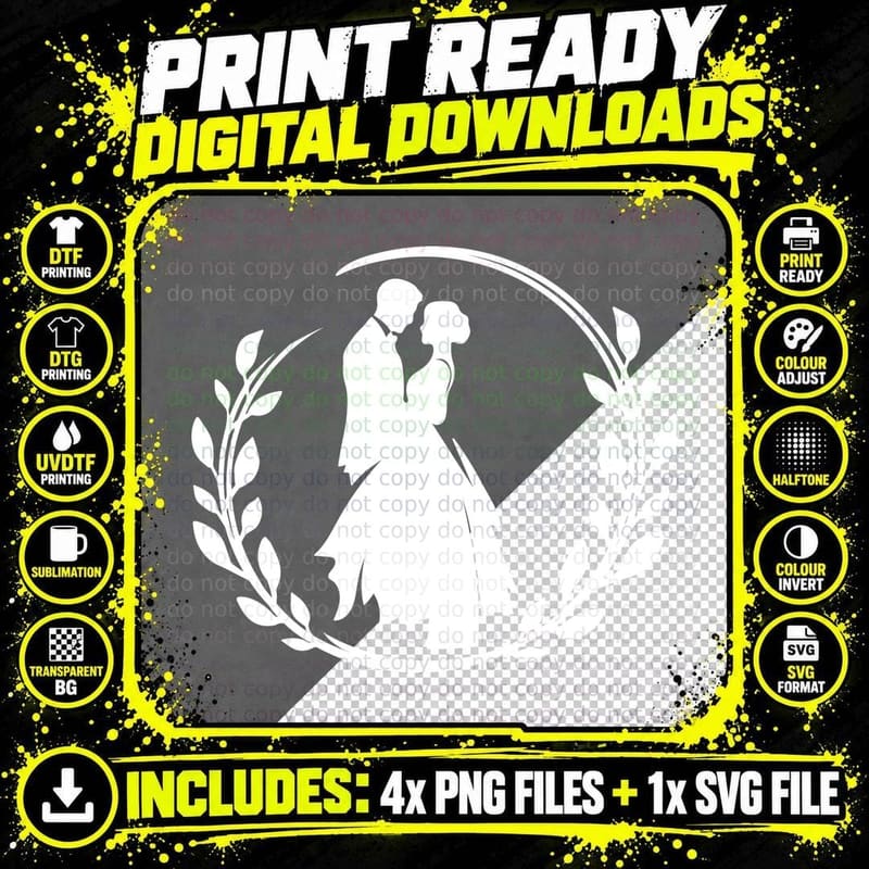 Wedding Couple Silhouette with Laurel Wreath Wedding Png SVG Digital Bundle