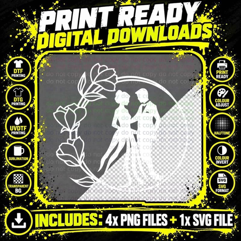 Wedding Couple in Circle with Roses Wedding T-Shirt Png SVG Digital Bundle