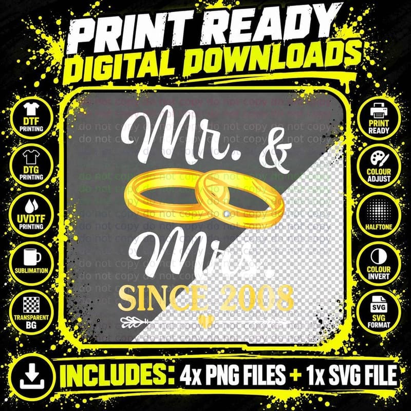 Wedding Ring Married Mr & Mrs Since 2008 Happy Husband Png SVG Digital Bundle