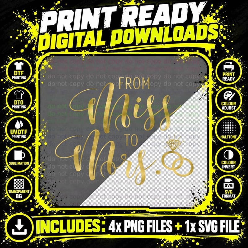 Wedding from Miss to Mrs T Bride Bridal Shower Party Png SVG Digital Bundle