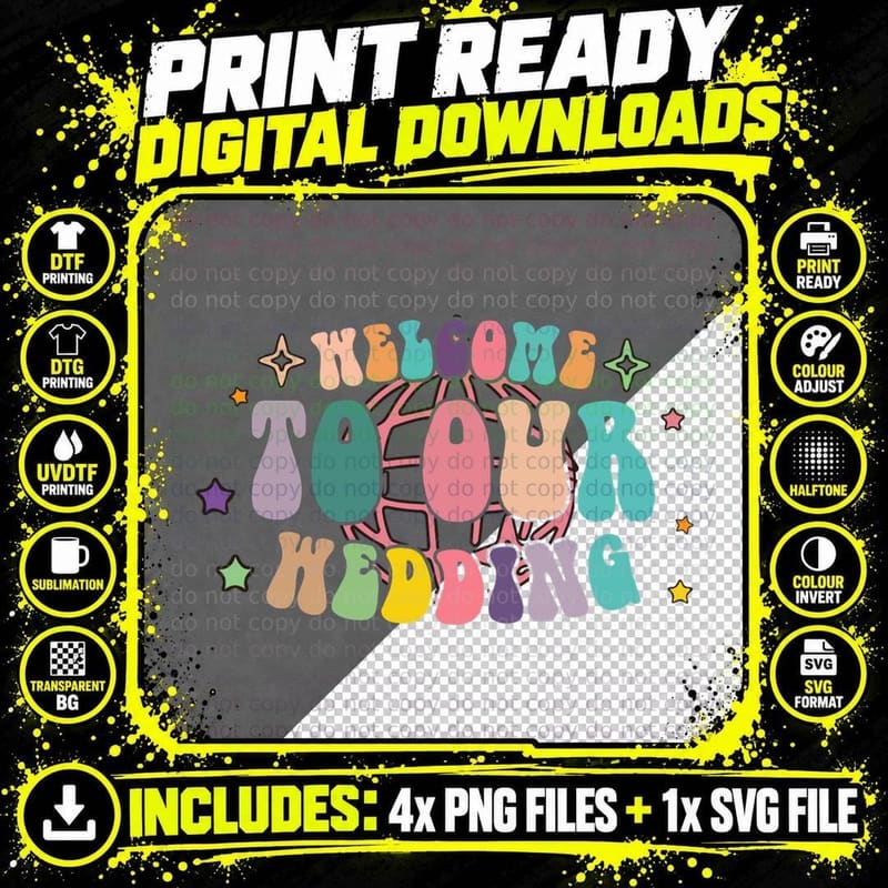 Welcome to Our Wedding T-Shirt, Colorful Stars on Gray Png SVG Digital Bundle