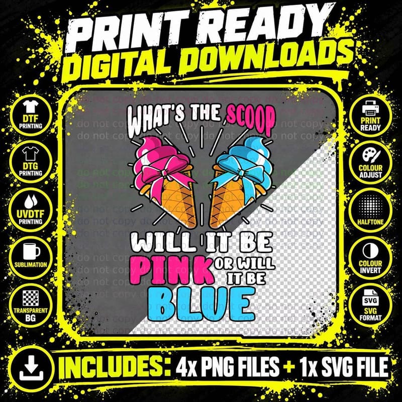 What's the Scoop Gender Reveal Ice Cream Party Pink Blue Png SVG Digital Bundle