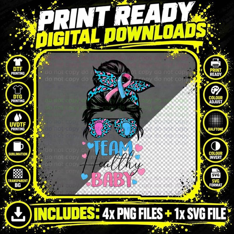 Team Healthy Baby Gender Reveal Leopard Messy Bun T-Shirt Png SVG Digital Bundle