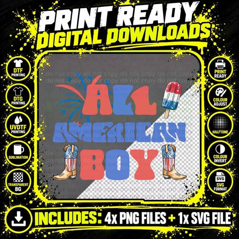 All American Boy Western T-Shirt, Patriotic Cowboy Boots Png SVG Digital Bundle