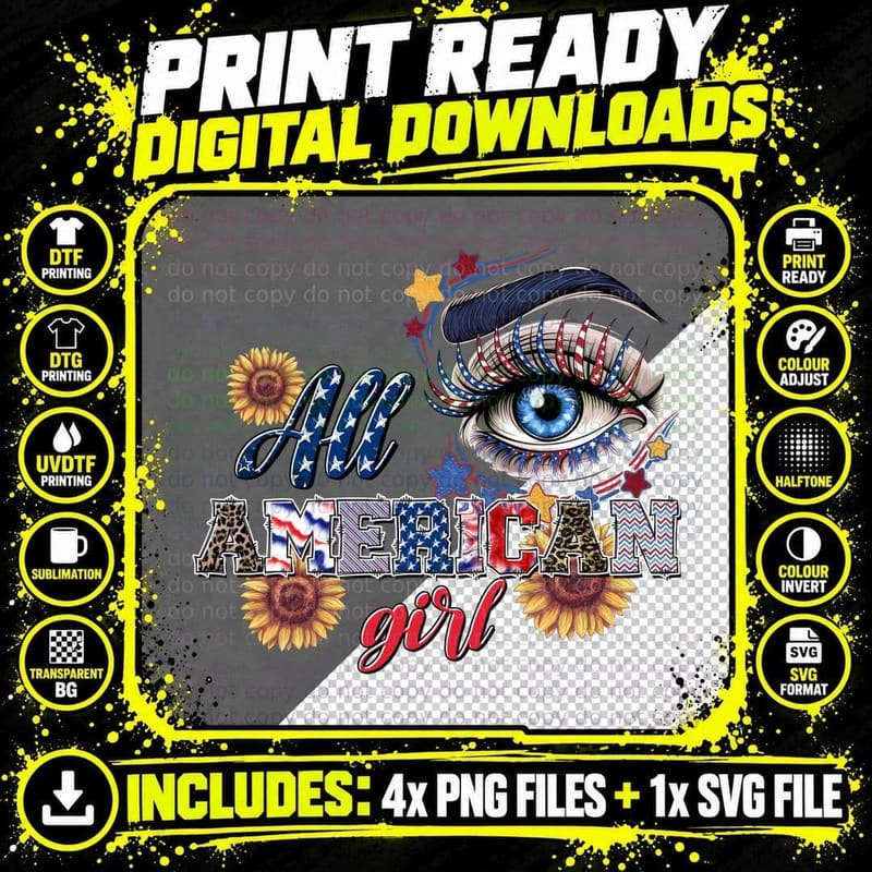 All American Girl Western T-Shirt, Patriotic Eye with Png SVG Digital Bundle