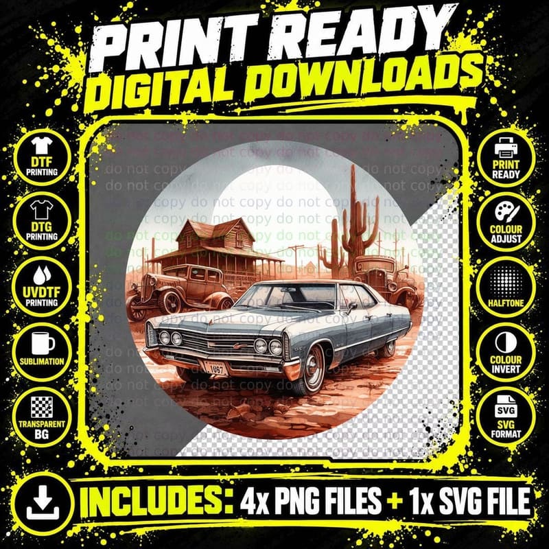 Blue Car Desert Western Scene T-Shirt Png SVG Digital Bundle