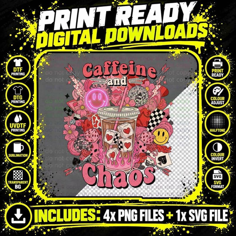 Caffeine and Chaos Western T-Shirt Png SVG Digital Bundle