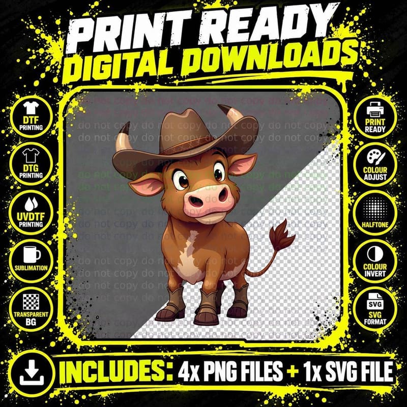 Cartoon Bull Cowboy Hat Western Rodeo Cowpoke T-Shirt Png SVG Digital Bundle