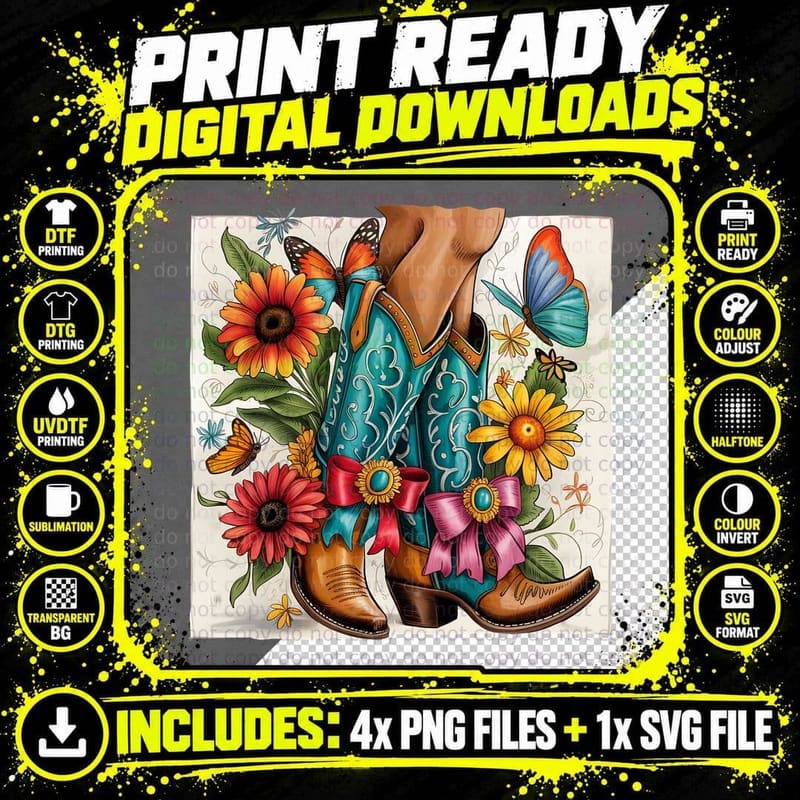 Cowboy Boots & Butterflies with Flowers Western T-Shirt Png SVG Digital Bundle