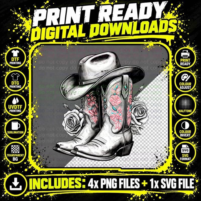 Cowboy Boots & Hat with Roses Western T-Shirt Png SVG Digital Bundle