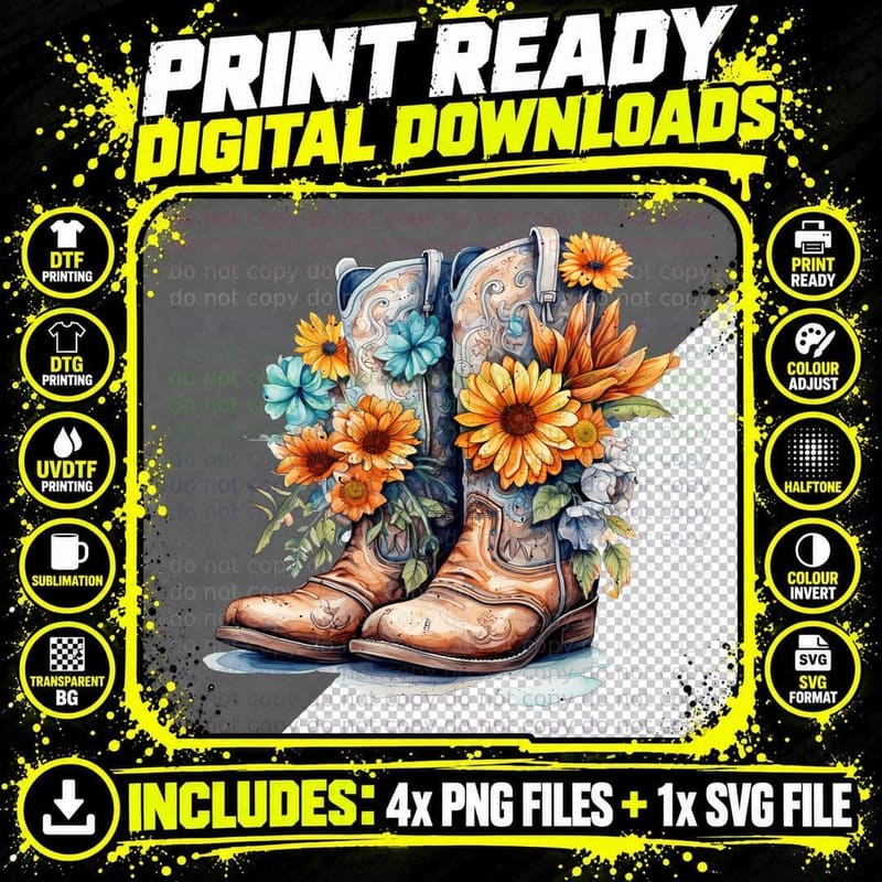 Cowboy Boots Surrounded by Vibrant Flowers Hippie Png SVG Digital Bundle