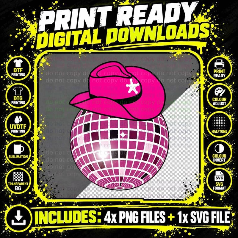 Cowboy Hat Disco Ball Hot Pink Cowgirl T-Shirt Png SVG Digital Bundle