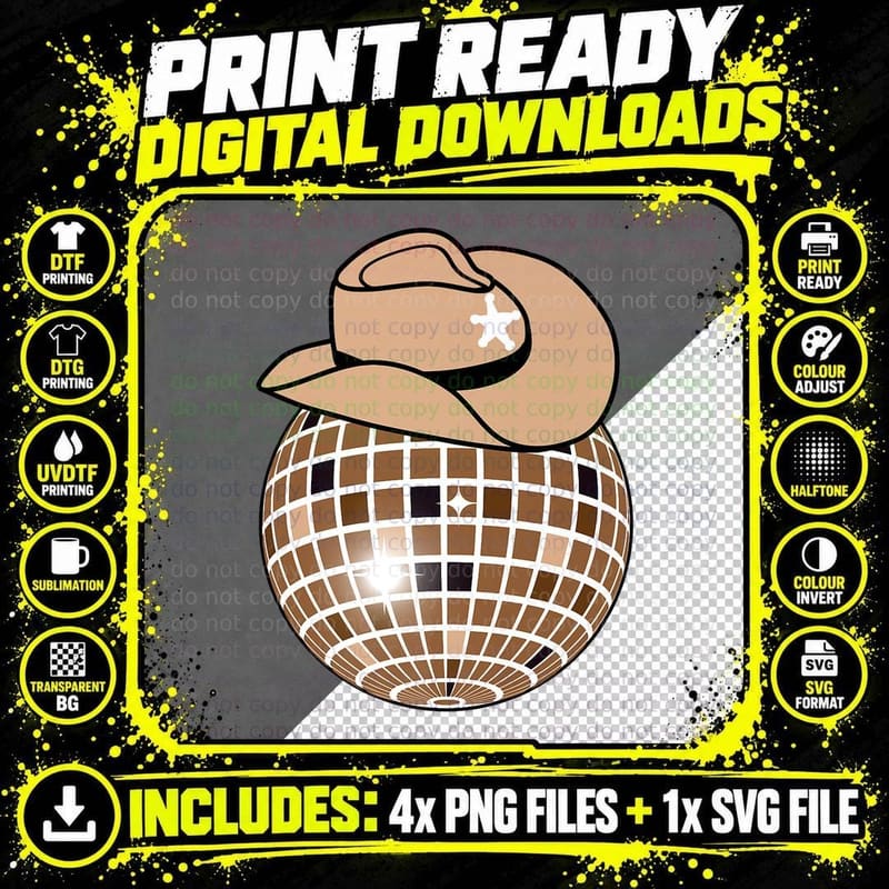 Cowboy Hat Disco Ball Light Brown Cowgirl Png SVG Digital Bundle