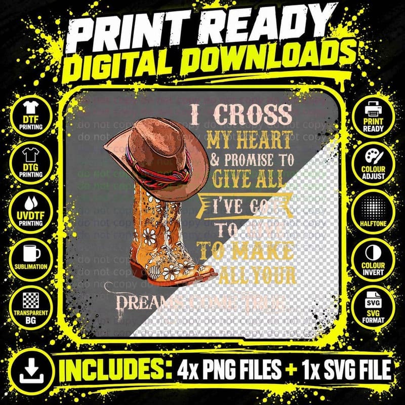Cowgirl Boots & Hat I Cross My Heart Western Country Png SVG Digital Bundle