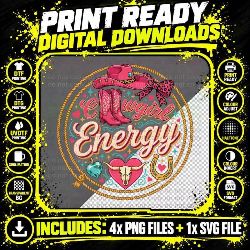 Cowgirl Energy Western T-Shirt, Cowgirl-Themed Graphic Png SVG Digital Bundle