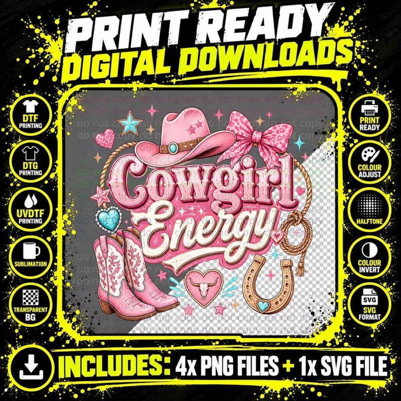 Cowgirl Energy Western T-Shirt, Pink Cowgirl Boots & Png SVG Digital Bundle