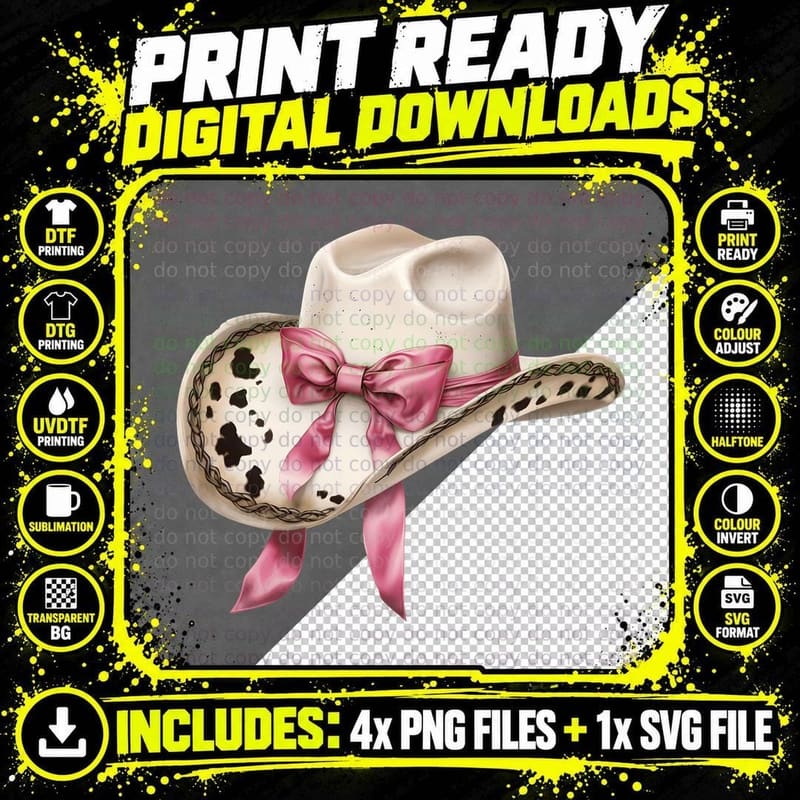 Cowgirl Hat with Pink Bow Western T-Shirt Png SVG Digital Bundle