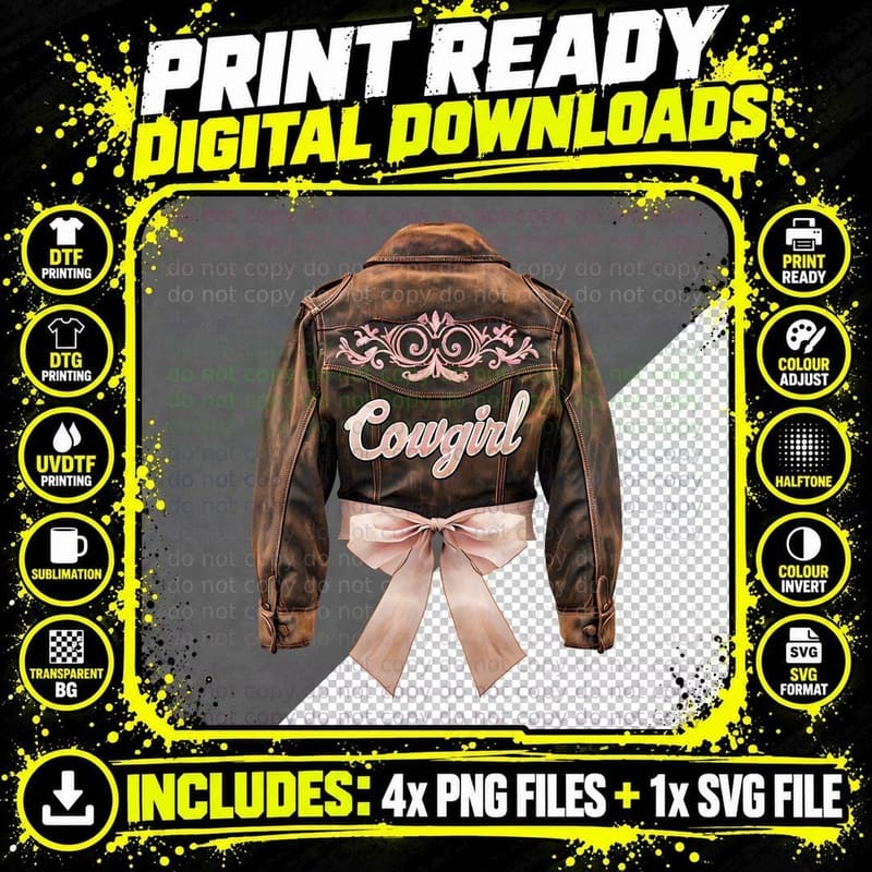 Cowgirl Western T-Shirt, Brown Leather Jacket with Pink Png SVG Digital Bundle