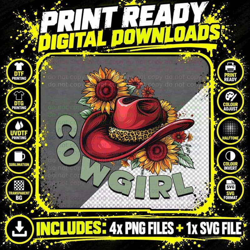 Cowgirl Western T-Shirt, Red Cowboy Hat with Sunflowers Png SVG Digital Bundle