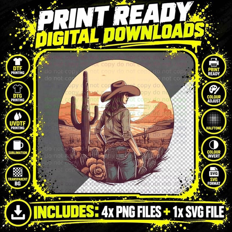 Desert Cowboy Silhouette Western T-Shirt Png SVG Digital Bundle