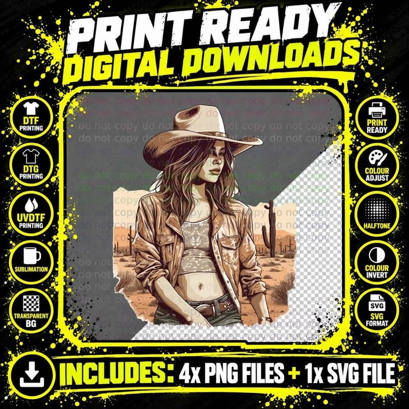 Desert Cowgirl in Tan Jacket Western T-Shirt Png SVG Digital Bundle