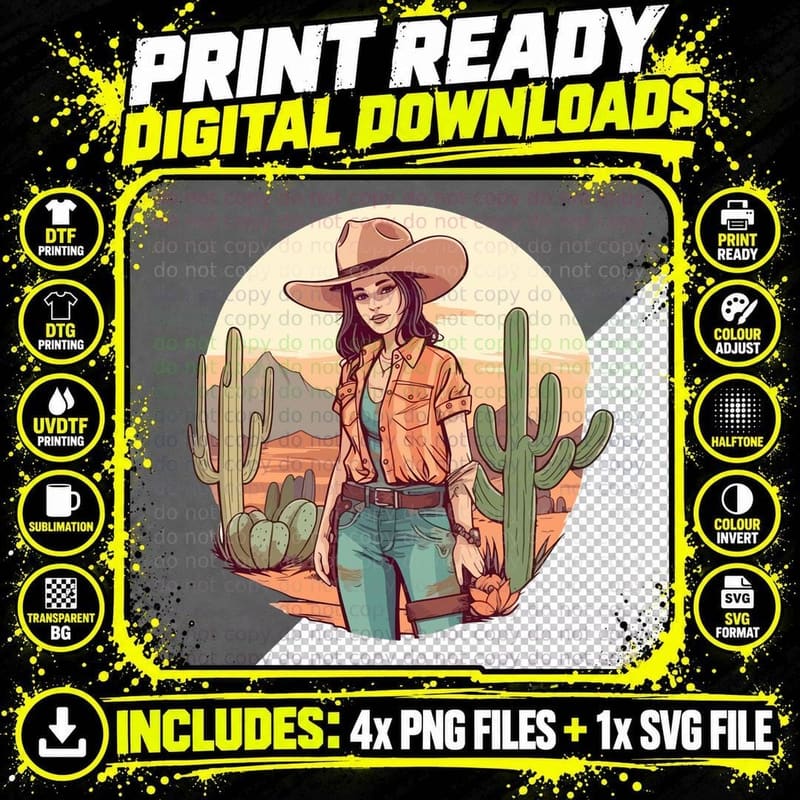 Desert Cowgirl with Cacti Western T-Shirt Png SVG Digital Bundle