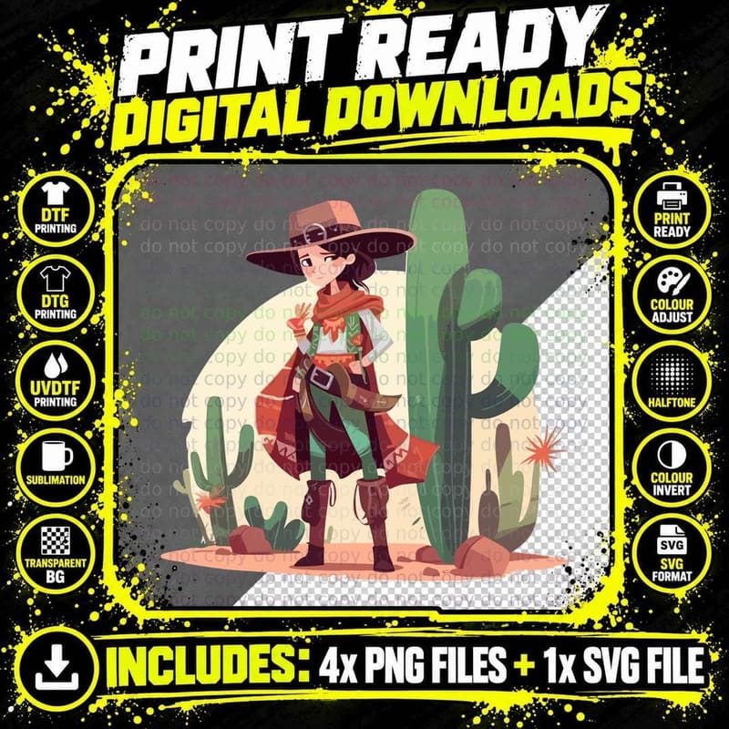 Desert Cowgirl with Cactus Western T-Shirt Png SVG Digital Bundle