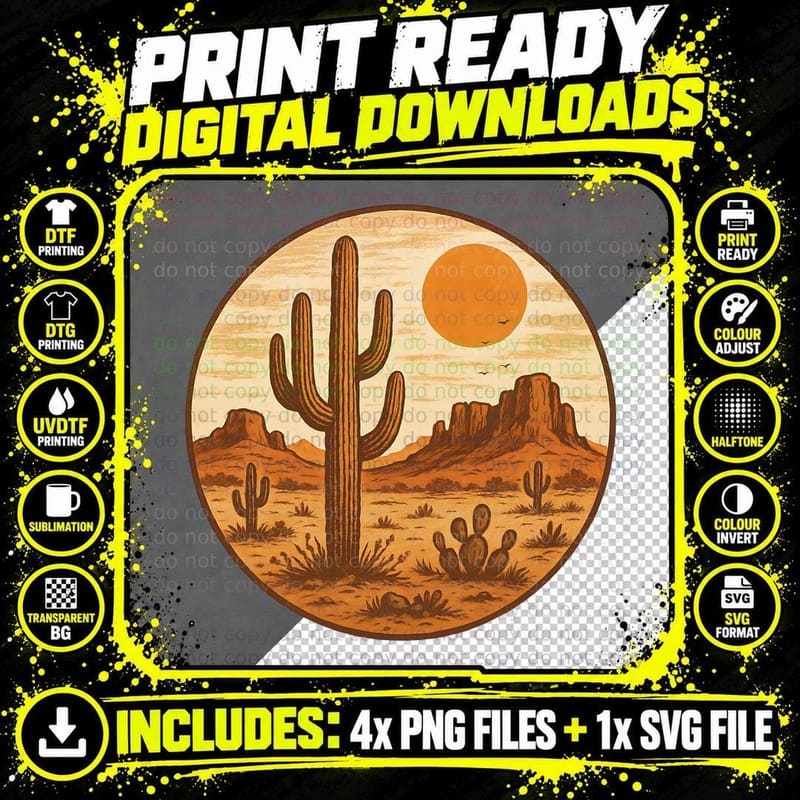 Desert Landscape with Cactus and Sun Western T-Shirt Png SVG Digital Bundle