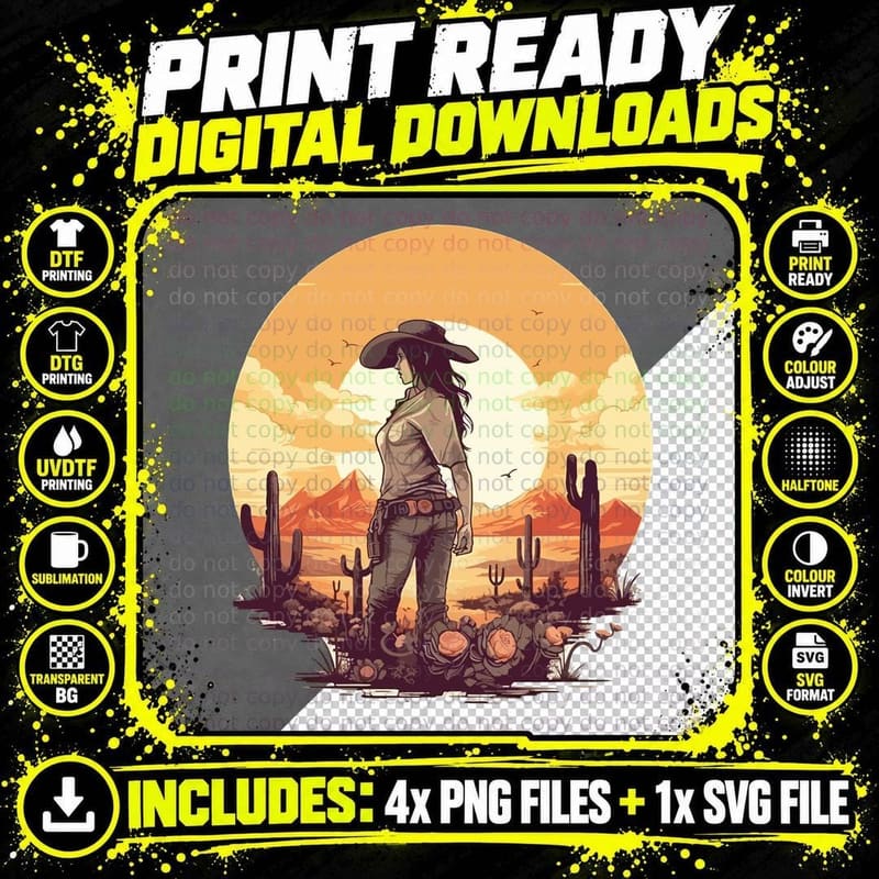 Desert Sunset Cowboy Silhouette Western T-Shirt Png SVG Digital Bundle