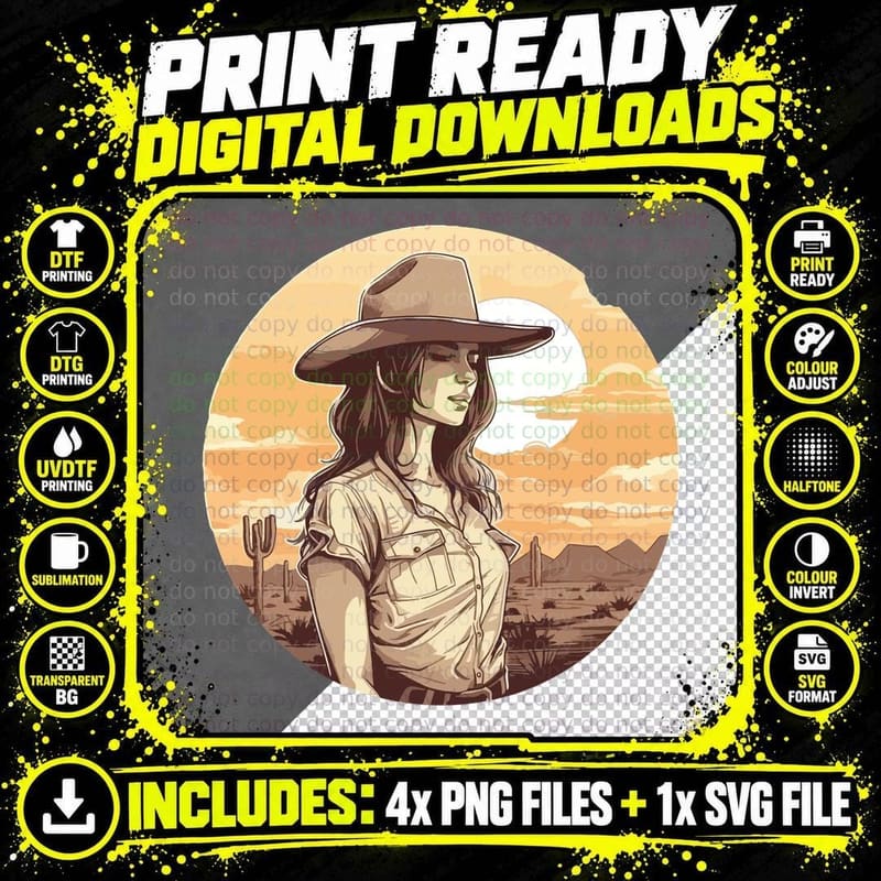 Desert Sunset Cowgirl Silhouette Western Design T-Shirt Png SVG Digital Bundle