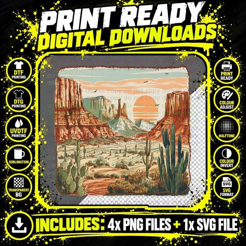 Desert Sunset Landscape with Cacti Western T-Shirt Png SVG Digital Bundle