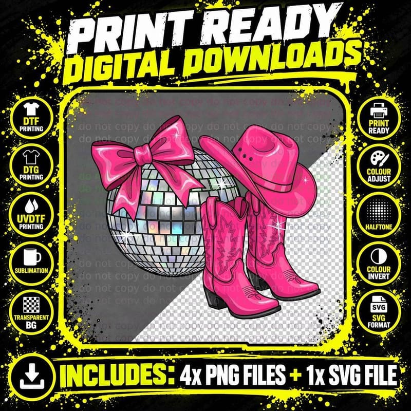 Disco Ball Cowboy Boots Pink Bow Western T-Shirt Png SVG Digital Bundle