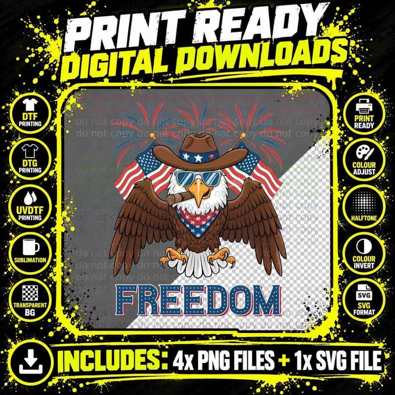 Freedom Western T-Shirt, Patriotic Eagle with Cowboy Hat Png SVG Digital Bundle