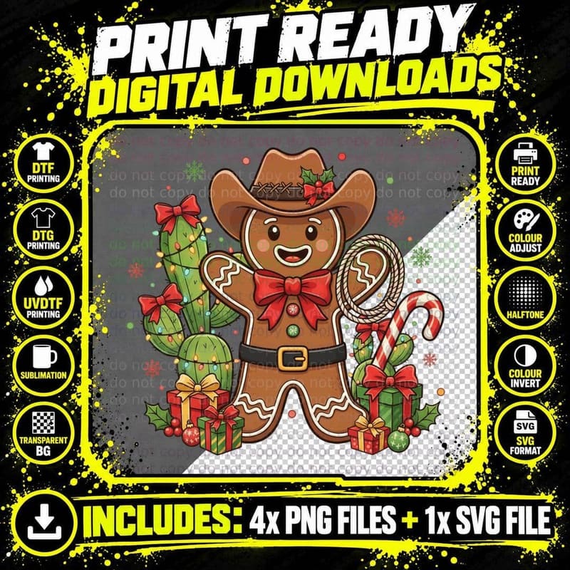 Gingerbread Cowboy with Cacti and Gifts Winter T-Shirt Png SVG Digital Bundle