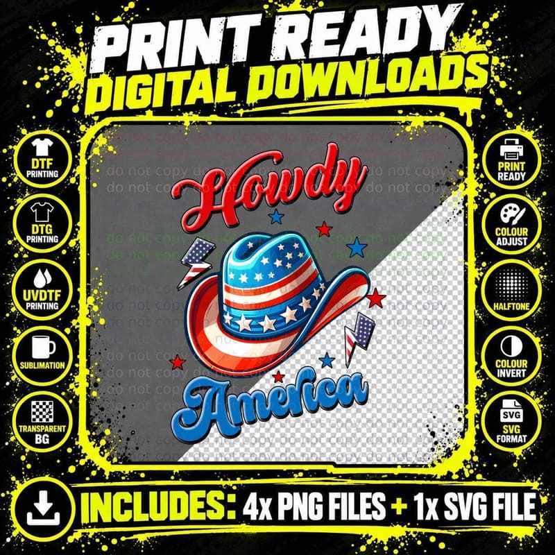 Howdy America Western T-Shirt, Patriotic Cowboy Hat with Png SVG Digital Bundle