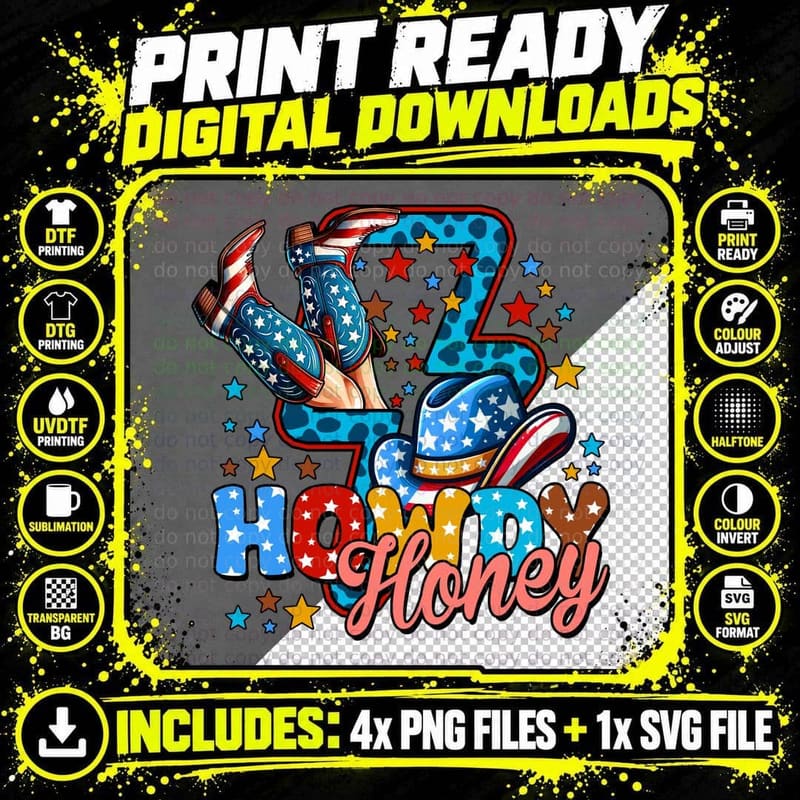 Howdy Honey Western T-Shirt, Patriotic Cowboy Boots with Png SVG Digital Bundle