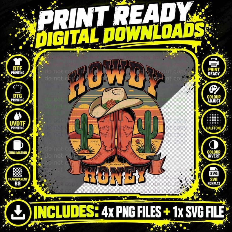 Howdy Honey Western T-Shirt, Western Cowboy Boots Cactus Png SVG Digital Bundle