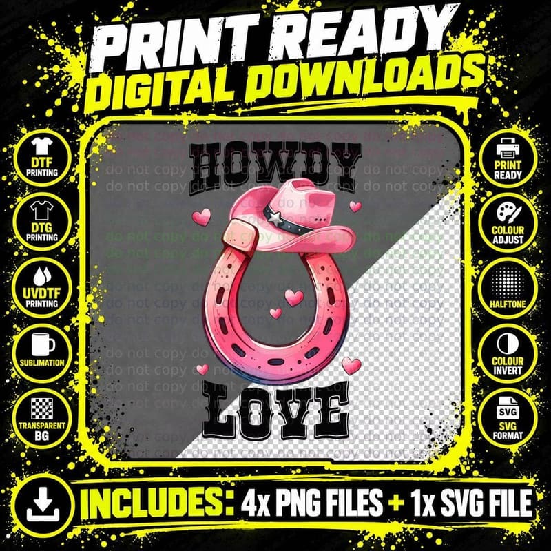 Howdy Love Western T-Shirt, Pink Cowboy Hat on Horseshoe Png SVG Digital Bundle