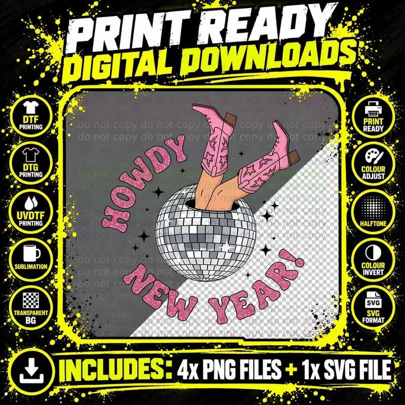 Howdy New Year! Western T-Shirt, Cowboy Boots in Disco Png SVG Digital Bundle
