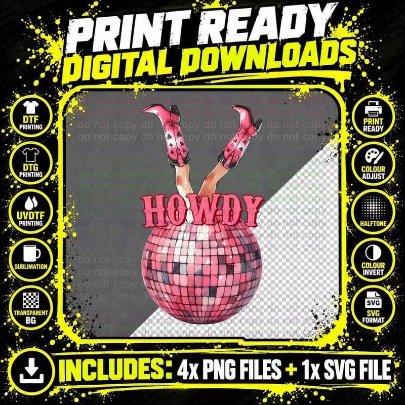 Howdy Western T-Shirt, Disco Ball with Cowboy Boots Png SVG Digital Bundle