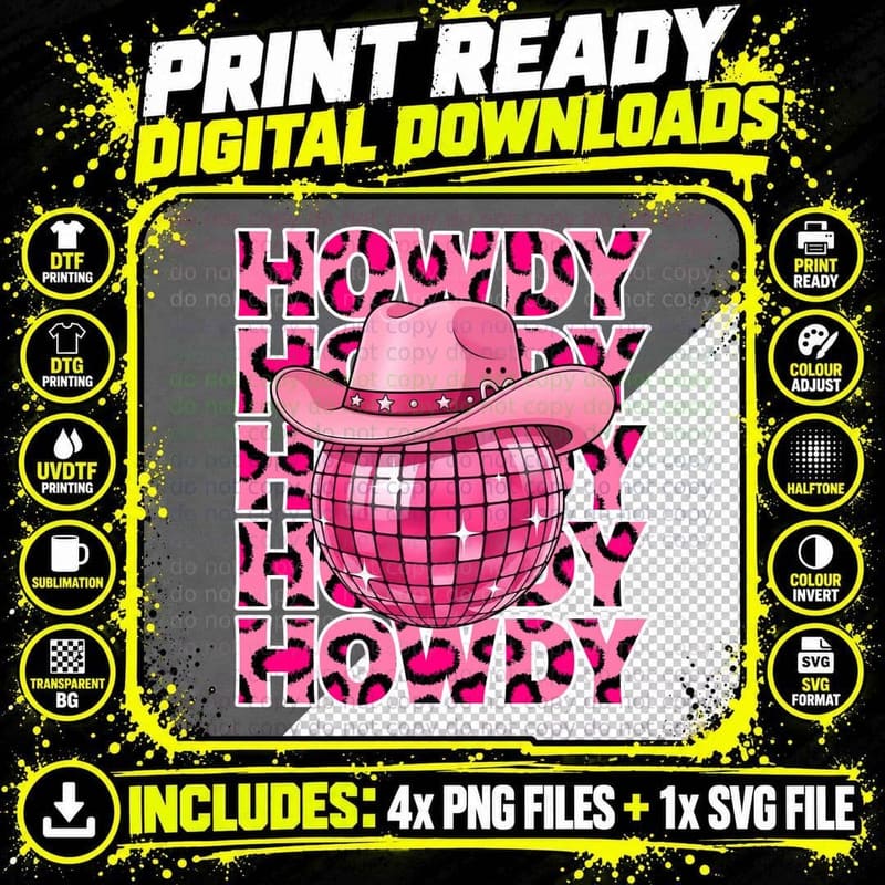 Howdy Western T-Shirt, Pink Disco Ball with Cowboy Hat Png SVG Digital Bundle