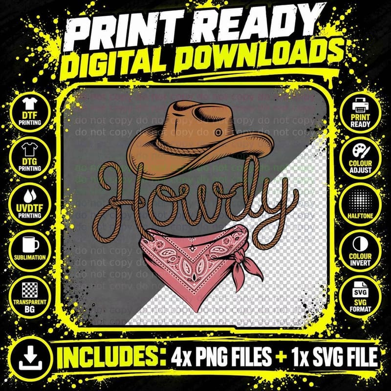 Howdy Western T-Shirt, Western Cowboy Hat & Bandana Png SVG Digital Bundle