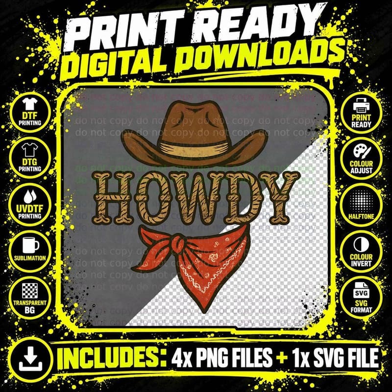 Howdy Western T-Shirt, Western Cowboy Hat with Bandana Png SVG Digital Bundle