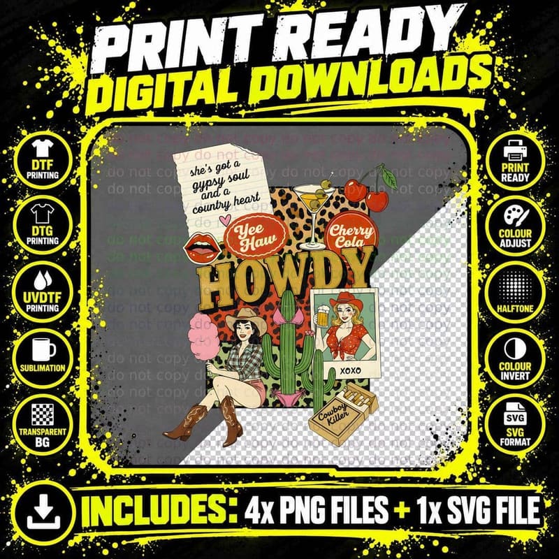 Howdy Western T-Shirt, Western-Themed Collage with Png SVG Digital Bundle