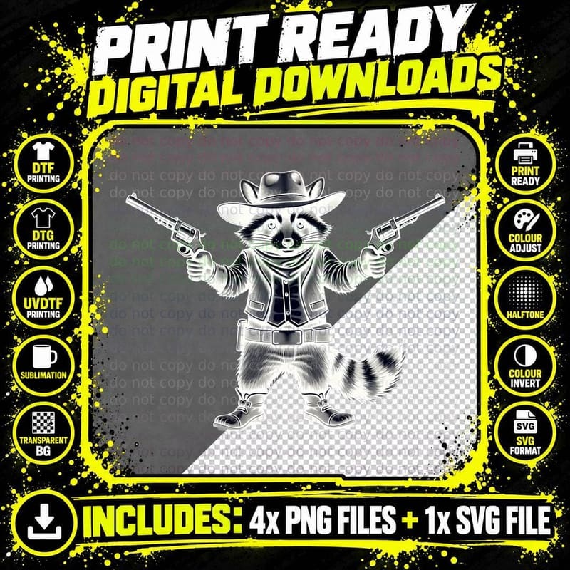 Humorous Wild West Raccoon T-Shirt Png SVG Digital Bundle