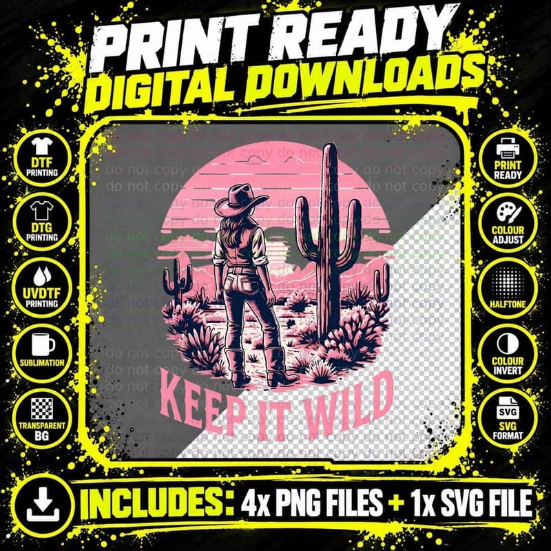 Keep It Wild Western T-Shirt, Desert Cowboy Silhouette Png SVG Digital Bundle