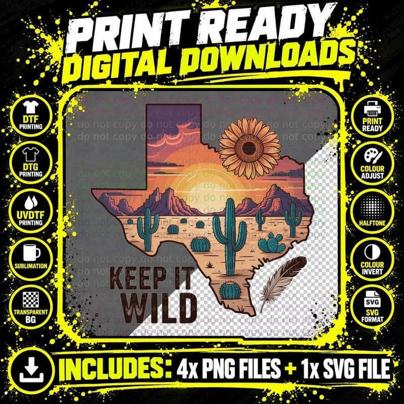 Keep It Wild Western T-Shirt, Desert Sunset Cactus Png SVG Digital Bundle
