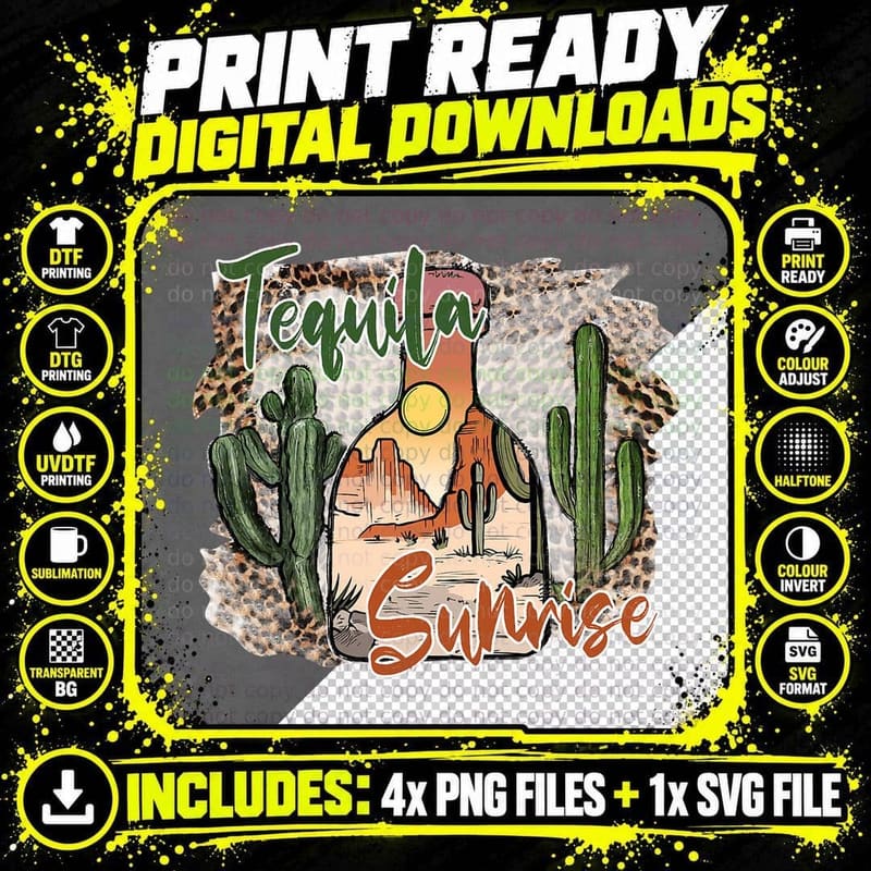 Leopard Desert Cactus Tequila Sunrise Western Country Png SVG Digital Bundle